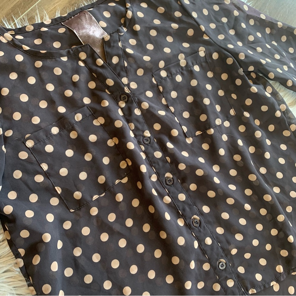 Black Polka Dot Blouse Button Up Sheer Shirt Womens Size S